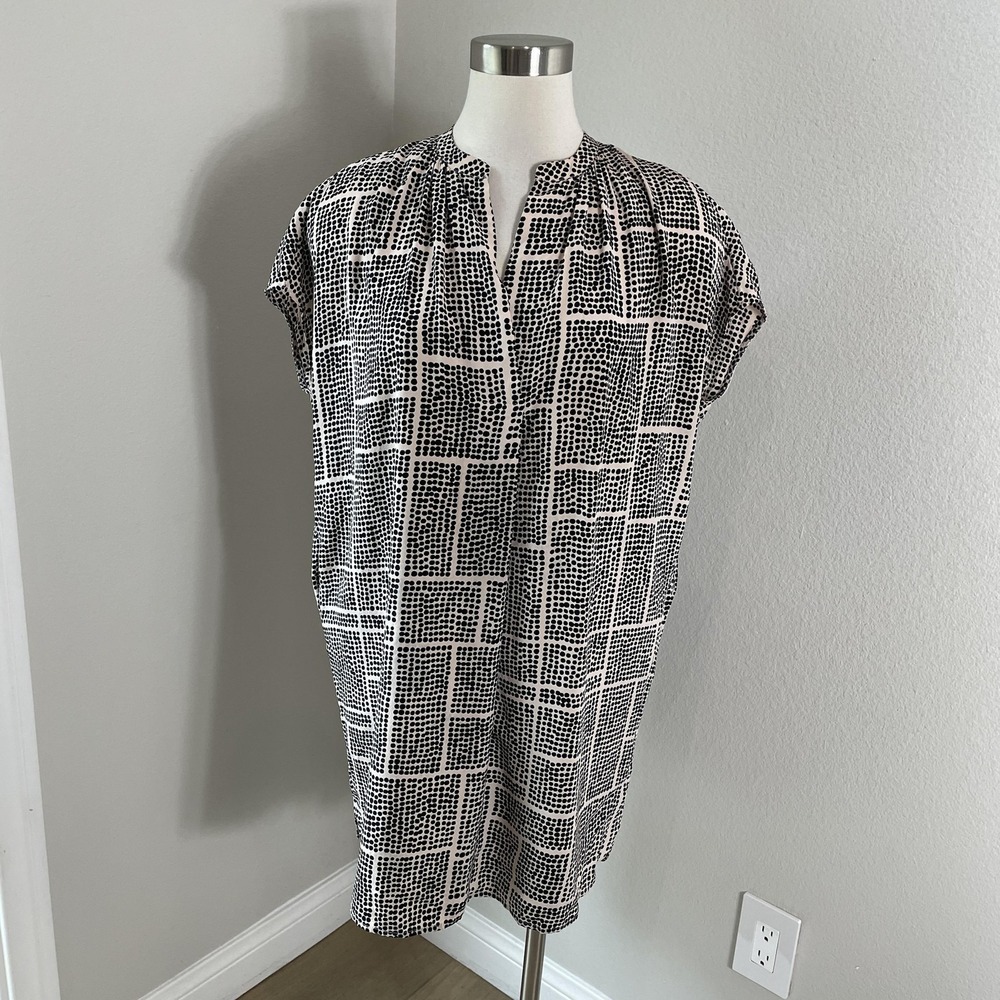 Vince Dress Womens Small Black Dot 100% Silk Shift V Neck Cap Sleeve Pockets